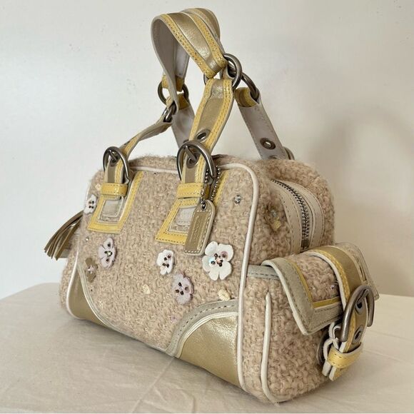 Coach 10071 Tweed Soho Boston Baguette Floral Applique Metallic Leather Bag RARE - Picture 3 of 13